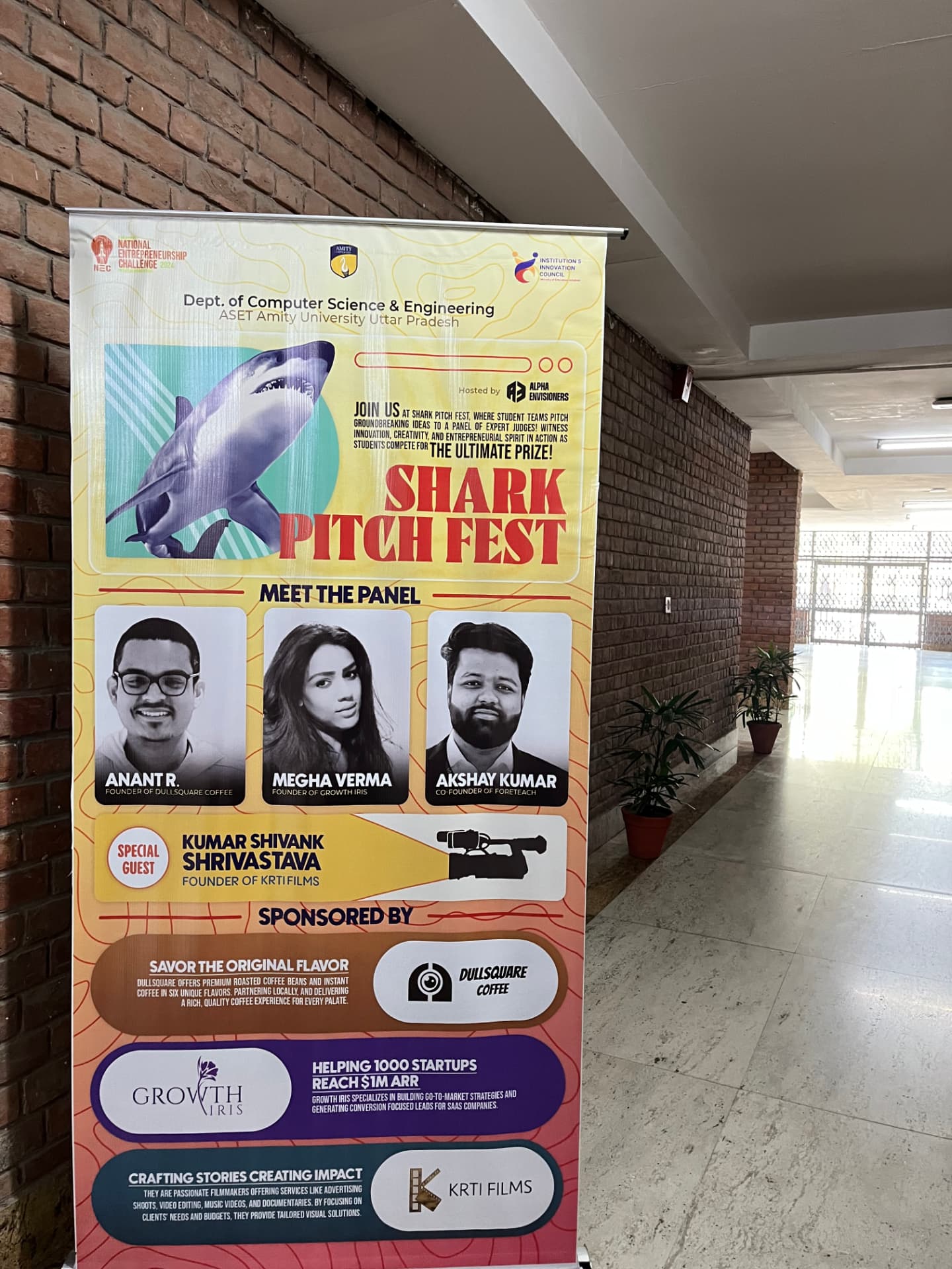 Shark Pitch Fest event banner listing the judging panel