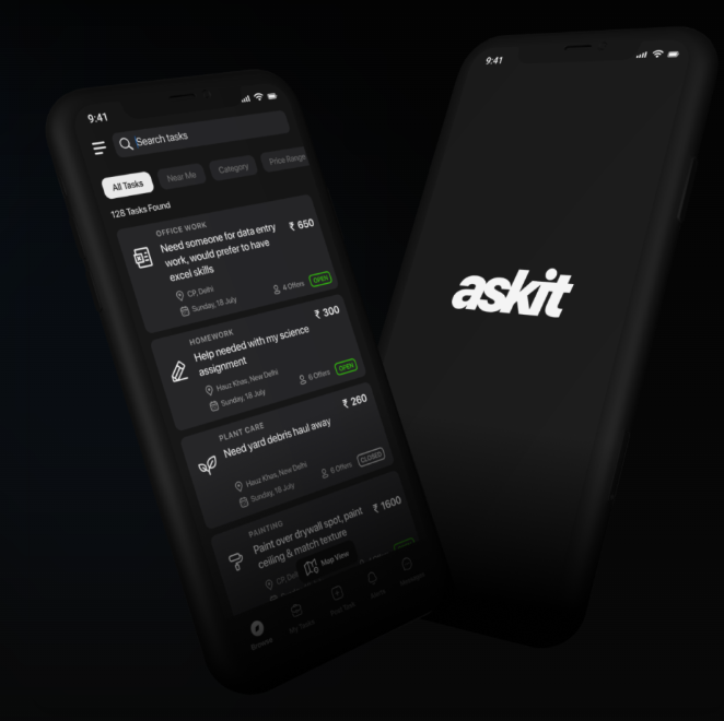AskIt mobile app screens showing the task feed and the askit logo splash screen